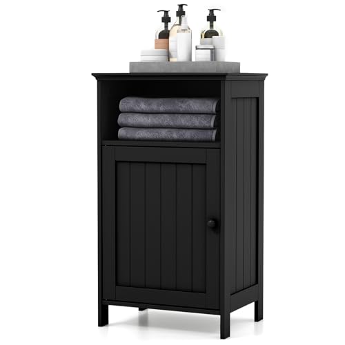 RELAX4LIFE Bathroom Floor Cabinet, Single Door Side Cabinet Bathroom Unit with Open Compartment & 3-Position Adjustable Shelf, Freestanding Storage Cupboard Organizer for Hallway Living Room (Black)