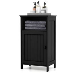RELAX4LIFE Bathroom Floor Cabinet, Single Door Side Cabinet Bathroom Unit with Open Compartment & 3-Position Adjustable Shelf, Freestanding Storage Cupboard Organizer for Hallway Living Room (Black)