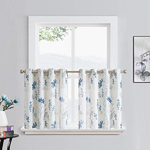 Printed Sheer Curtains Linen Textured Tier Curtains 36-inches Floral Leaf Design Farmhouse Style Window Panel Drapes Set Grommet Treatment for Basement Loundry Room Caf??, 52 x 36 inch, Navy Blue