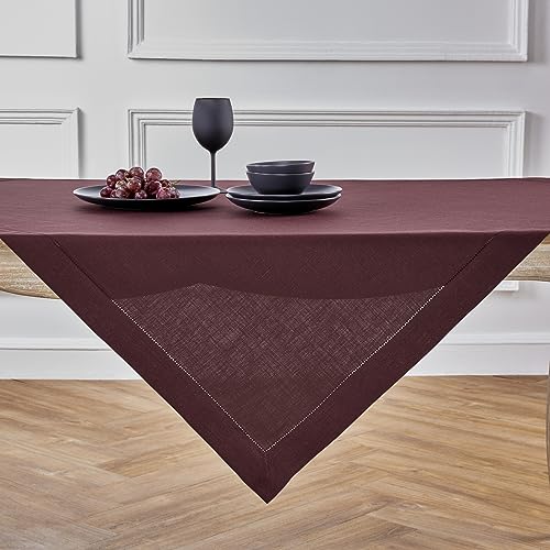 Solino Home 100% Pure Linen Square Table Cloth, Throw Burgundy, 52 x 52 in - Classic Hemstitch Linen Tablecloth a neat topper for bistro, card and side tables - hemstitched borders - OEKO-TEX Certified