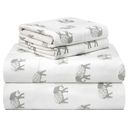 pointehaven 180 GSM Velvet Feel Luxury 100% Cotton Printed Flannel Sheet Set, Queen, Elephant - Warm & Cozy - Pre-Shrunk -Deep Pockets - Elastic All Around-Comfy Double Brushed -