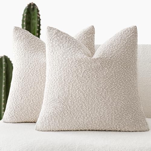 Foindtower Set of 2, Decorative Textured Boucle Throw Pillow Covers Accent Solid Pillow Cases Neutral Cozy Couch Cushion Case for Chair Sofa Bedroom Living Room Home Decor 24 x 24 Inch Ivory Beige