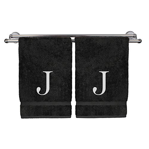 Monogrammed Hand Towel, Personalized Gift, Set of 2- White Block Letter Embroidered Towel - Extra Absorbent 100% Turkish Cotton - Soft Terry Finish - Initial J Black