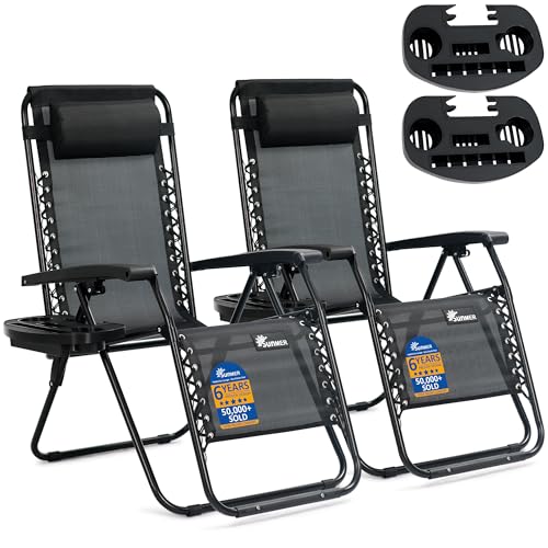 SUNMER Sun Lounger Garden Chairs - Set of 2 Zero Gravity Chairs with Cup & Phone Holder, Adjustable Headrest & Pillow - 30° to 90° Folding Deck Recliner - Professional Outdoor Seating - Black