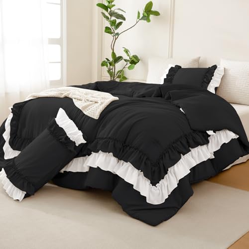 Masaca Ruffled King Comforter Set,Farmhouse Shabby Boho Chic Black and White Bedding Comforter Lightweight Ultra Soft Vintage French Country Bedding Set 3Pcs (1 Ruffle Comforter and 2 Pillowcases)