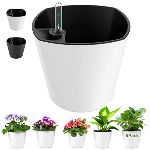 "7"" Round Self-Watering Pots for Indoor Plants Flower Pot with Water Level Indicator White 6 Pack African Violet Self Watering Planters for All Orchid Aloe Herb House Plant Planting Plastic Planter"