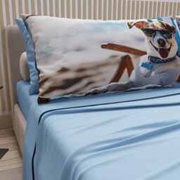PETTI Artigiani Italiani - Animal Bed Linen with Dogs in Cotton with Pillowcases in Digital Print, Double Bed Sheet, Light Blue, 100% Made in Italy