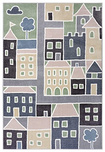 HANSE Home Lovely City Children's Rug - Children's Room Rug City Soft Short Pile Rug Boy & Girls House Motifs Non-Slip for Children's Room, Living Room, Play Mat - Multicoloured, 120 x 17