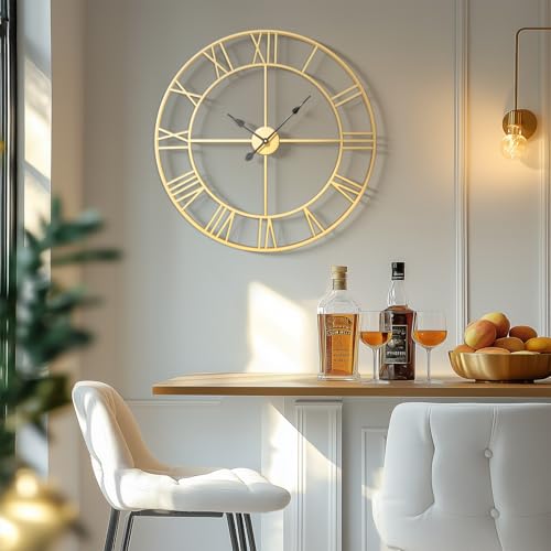 Cuspin Large Gold Wall Clock, 30 Inch Decorative Wall Clocks for Living Room, Silent Non Ticking Battery-Operated Roman Number Clock, Gold Metal