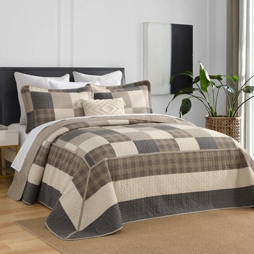 "FineStichery Oversized King Bedspread Quilt 128"" x 120"" Extra Wide, 100% Cotton Lightweight Quilted Bed Spreads Coverlet Set Farmhouse Bedding Cover, 3 Piece, Charcoal/Beige/Browm"