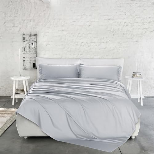 PENSIERI DELICATI Double Bed Set in Solid Satin 100% Cotton, Complete Double Bed Sheet Set 250 x 300 cm, Including Bottom Sheet, Top and 2 Pillowcases, Made in Italy, Pearl Grey