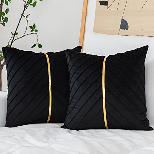 WACOMECO Velvet Throw Pillow Covers, Pack of 2 Soft Gold Decorative Cushion Covers for Couch Sofa Living Room Home Decoration, Black, 16x16 inch