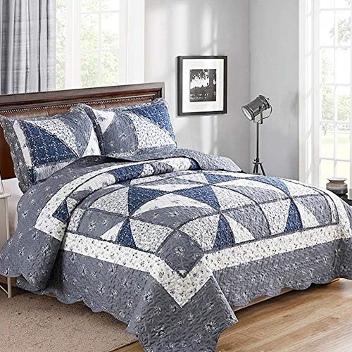 "VIVILINEN Quilted Bedspread Coverlet Set 3-Piece Floral Patchwork Reversible Quilt Set for Full/Queen Size Bed Cover with Pillow Shams (Grey, Full/Queen Size (87"" x 94""))"