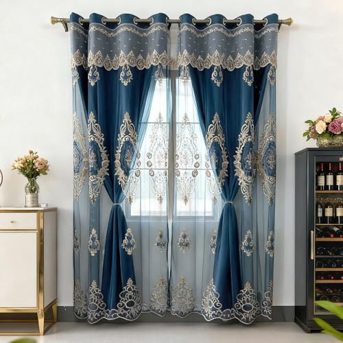 Amidoudou 1 Pair European Luxury Double Layered Flower Curtains Curtains Embroidered Curtains with Valance for Living Room Bedroom Balcony (Blue,52x90 Inch)