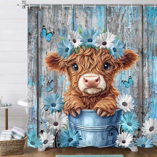 Rustic Farmhouse Shower Curtain, Farm Teal Daisy Floral Flowers and Butterfly on Country Wooden Shower Curtain for Bathroom, Country Blue Daisy Cute Highland Cow Curtain with 12PCS Hooks 70X70in