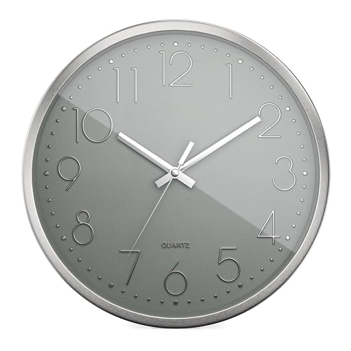 Mebus Quartz Wall Clock, Quiet Movement without Tick-Tack Noise, Aluminium Frame, Arabic Dial, 3D Numbers, Aluminium Hands, 30 cm, Silver/Grey