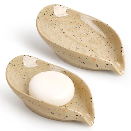 Soap Dish, Self Draining Soap Dishes 2PCS, Leaf Shape Ceramic Bar Soap Holder Drain Soap Dishes for Bathroom Sink Shower Kitchen, Easy to Clean Keeps Soap Dry, ANTIS'S HOME