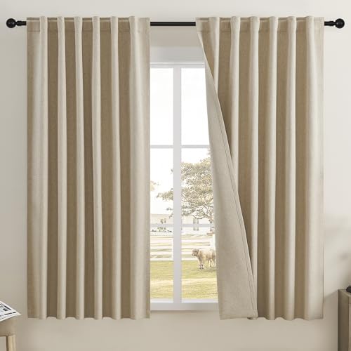 DUALIFE Taupe Flax Linen Curtains 80 Inches Long for Living Room Dining 2 Panels Back Tab Rod Pocket Hook Belt Burlap Textured Pinch Pleated Drapes for Bedroom,50 by 80 Inch,2 Pieces