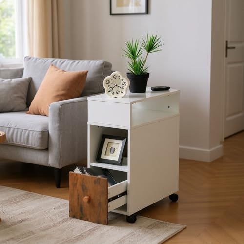 FurnitureR Mobile Home Office Living Room Table with Storage Drawer, White and Rustic Brown, 2 Shelves, Narrow Slim Design, 50 x 25 x 68 cm