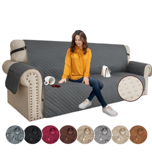 XINEAGE Quilted Sofa Cover Waterproof Couch Covers for 3 Cushion Couch, Super Soft Washable Slipcover with Pockets & Non-Slip Elastic Straps, Dog Pets Proof Thick Furniture Protector (Sofa, Dark Grey)