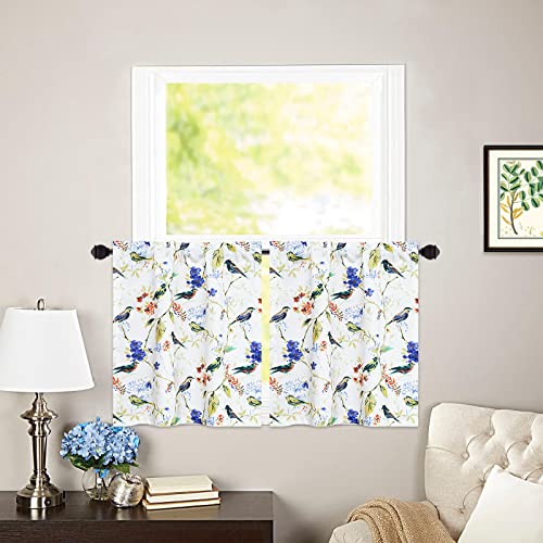 VOGOL Blue Birds Print Linen Texture Kitchen Curtains, 30 x 30, 2 Panels - Retro Country Style Cafe Curtain, Easy to Hang Rod Pocket Design, Short Drapes for Living Room, Medium Heavy Weight