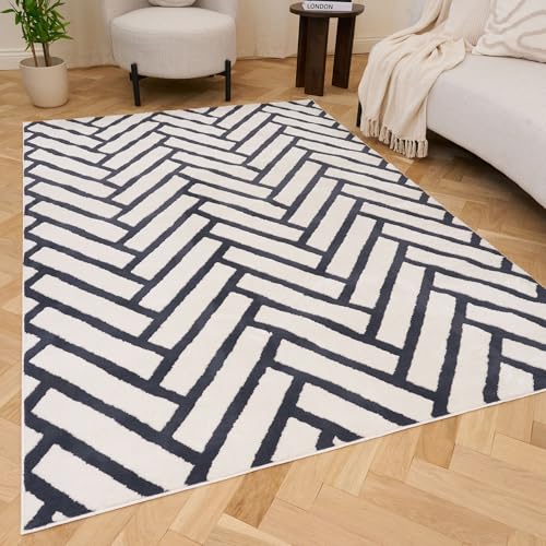 THE RUGS Living Room Rug, Loft Collection – Modern Textured 14mm Soft Pile Area Carpet, Non-Shedding & Easy Care [ Chevron Blue, 120x170 cm]