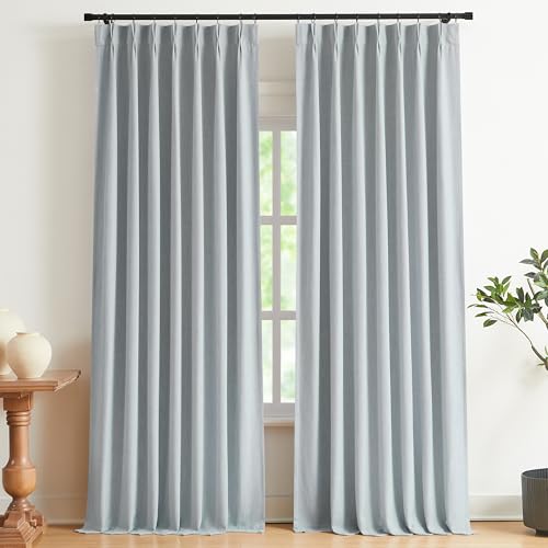 "Vision Home Pinch Pleated Full Blackout Curtains Linen Blended Room Darkening Window Curtains 84 inch for Living Room Bedroom Thermal Insulated Pinch Pleat Drapes with Hooks 2 Panel 40""Wx84""L,Blue Fog"