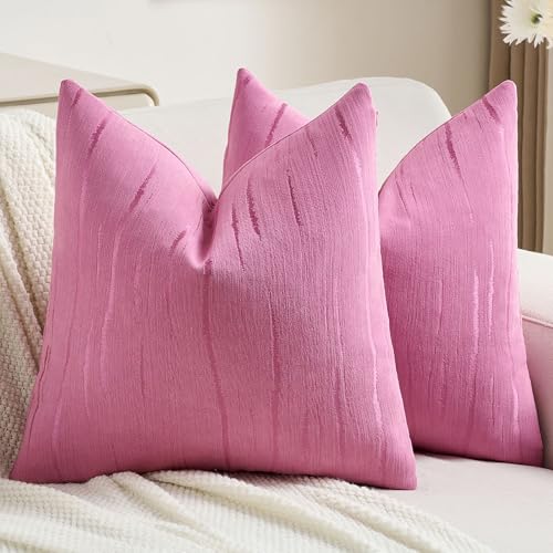FUTEI Hot Pink Chenille Decorative Throw Pillow Covers 16x16 Inch Set of 2,Soft Cozy Embossed Striped Textured Cushion Case,Modern Home Decor for Couch Bed Living Room