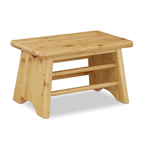 Relaxdays Footstool Bamboo, up to 100 kg, Stable Step Stool, Kids Stoop for Bathroom, HxWxD: 20 x 33 x 21.5 cm, Natural