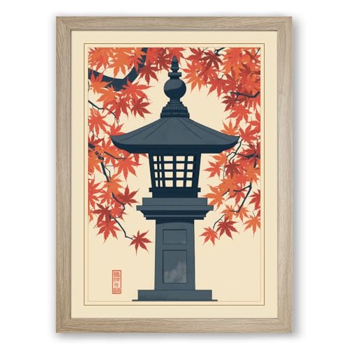 Autumn Stone Lantern Japandi Framed Wall Art Print A1 (84.1×59.4cm) Oak, Wall Decor for Living Room, Bedroom, Office & Home, Ready to Hang, Art Gift