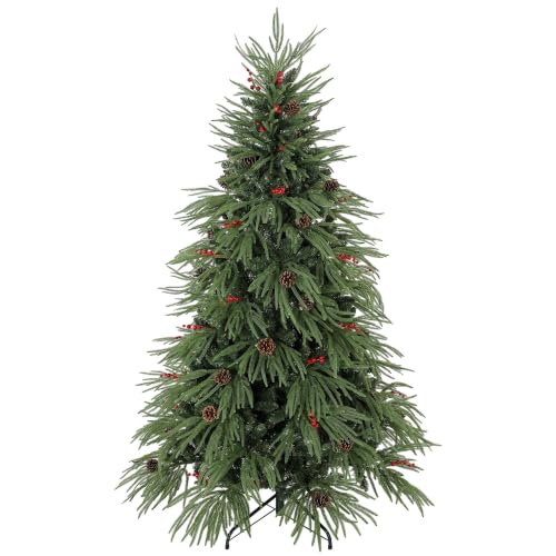 HOMCOM 6ft Artificial Christmas Tree with Pinecones, Red Berries, Hinged - Predecorated Xmas Tree with 2843 Branch Tips, Foldable Metal Base for Home Office Holiday Decoration, Green