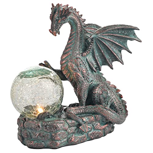 "TERESA'S COLLECTIONS Dragon Outdoor Statues with Solar Crackle Globe Light, Resin Bronze Gothic Garden Decor,Touching Magic Ball Resin Lawn Ornaments for Patio Yard Decorations Gifts for Mom Dad, 6"""