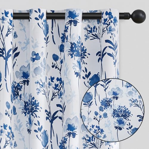 "ugoutry Floral Blackout Curtains 84 Inch Length, Living Room Thermal Insulated Flower Window Treatments, Noise Reduction Grommet Watercolor Pattern Drapes Mixed Blue 2 Panels Set, 52"" W"