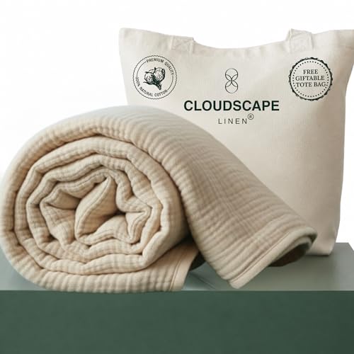 "CLOUDSCAPE 4 Layer Muslin Blanket for Adults - 100% Cotton Blankets Twin Size for All-Season - 68""x92"" Fits Upto TwinXL Bed - Ultra Soft Lightweight Breathable Cotton Blankets for Summer - Fog"