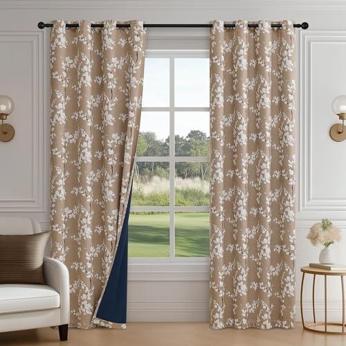 FMFUNCTEX 100% Blackout Floral Curtains for Bedroom, Taupe Curtains 84 inches Long Blossom Flower Patterned for Living Room, Thermal Insulated Farmhouse Drapes, Grommet Top 2 Panels (White on Tan)