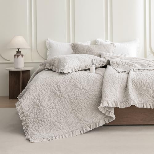 "Sanracie Cotton Oversized King Bedspread(128""x120""), Ultra Soft Wheat Color Stonewashed Extra Large Wide Oversized Quilt Sets 3Pcs Ruffled Crinkle Flower Petal Pattern Farmhouse Coverlets"