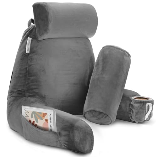 Clara Clark Reading Pillow, Large Back Pillow for Sitting Up in Bed, Memory Foam Back Support Pillow, Reading Pillows for Sitting in Bed Adult, Grey Sit Up Pillow for Bed Chair with Arms and Pockets
