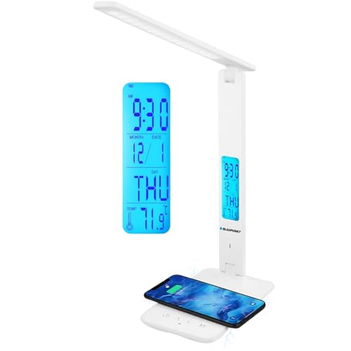 BLAUPUNKT LED Desk Lamp, Wireless Phone Charger, USB, Dimmable Table Lamp with 5 Colour Modes, Adjustable Arm, LCD Display, Clock Calendar Temperature, Easy to Use - Home Office - White with UK Plug