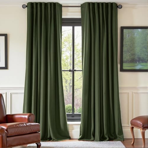 Nemia Olive Green Velvet Curtains Thermal Insulated Blackout Curtain for Bedroom Window Living Room Darkening Luxury Vintage 94 Inches Long Heavy Drapes Panels Back Tab Set of 2