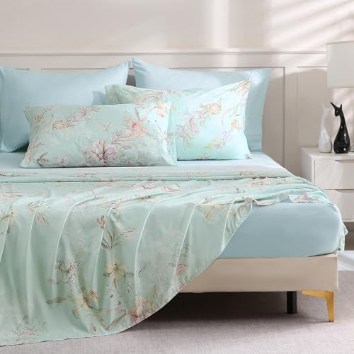 LONAVA Flower King Size 6 Pcs Sheet Set, Breathable Microfiber Deep Pocket Light Blue Fitted Sheets, Comfy & Breathable Patterned Flat Sheets,4 Gentle Soft Pillowcases, Mint Flower