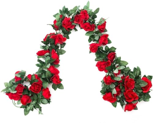 SWSTINLING 2 Pack (16FT) Artificial Rose Vine Flowers Plants Fake Flower Vine for Wedding Home Garden Craft Art Decor Mother's Day Party Decoration Red