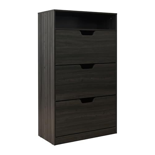 Relaxdays Shoe Cabinet with Shelf, 140x80x24 cm, 18 Pairs, 3 Tilt Doors, Slim Hallway, Wood Effect Grey