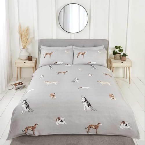 Rapport Home Paws & Tails Animal Print Duvet Cover Set Double Grey - Reversible Dog Cat Puppy Bedding with Matching Pillowcases - Soft Easy Care Microfibre Quilt Cover