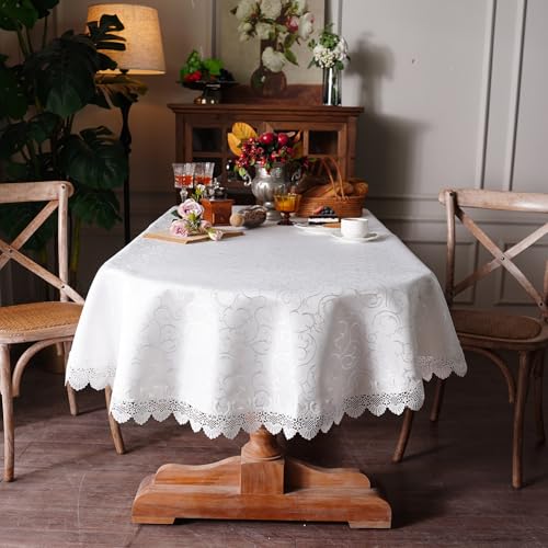 Artbloss Oval Tablecloth White Jacquard Table Cloth with Exquisite Lace Border Fall Farmhouse Tablecloths for Dining Wedding Coffee Outdoor Party Holiday Tabletop Use (White, 60 x 120 Inches Oval)