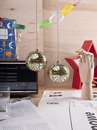 2 glass Christmas baubles with glitter pattern and beads