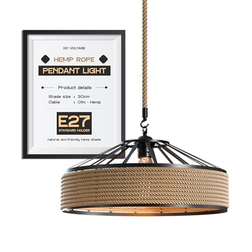 DC VOLTAGE Industrial Metal & Rope Pendant Light,30cm Retro Hemp Rope Black Ceiling Lampshade with 1m Adjustable Rope Pendant Lamp Shade for Living Room Bedroom Kitchen Hallways Floor Lamp