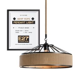Industrial Metal & Rope Pendant Light,30cm Retro Hemp Rope Black Ceiling
