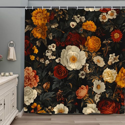 PAOPOED Floral Shower Curtain, Boho Vintage Dark Flower Bloosom Rose Plants Bathroom Curtain, Polyester Fabric Waterproof Bathroom Set with 12 Hooks 60x72 Inch??? Black