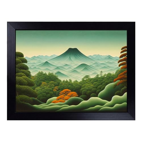 Lap Tray with Bean Bag Cushion, Retro Japanese Forest - Handmade in the UK, Raised Wooden Edge, Padded Cushion, Heat-Resistant Wipe-Clean Surface, for Meals, Laptops and Crafts