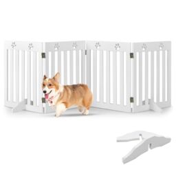 GYMAX Folding Pet Gate, Freestanding Wooden Dog Barrier with 360 Degree Flexible Hinges, Pet Safety Fence for House, Doorway and Stairs (White, 203 x 60cm)